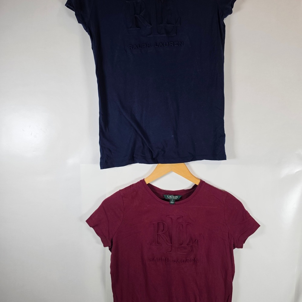 Lauren Ralph Lauren Womens XS T-Shirt Bundle 2 Pack Navy Burgundy Embossed Logo